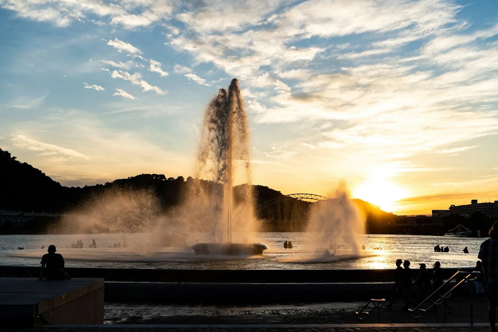 Point State Park fountain at golden hour, home of the NFL Draft Experience fan zone